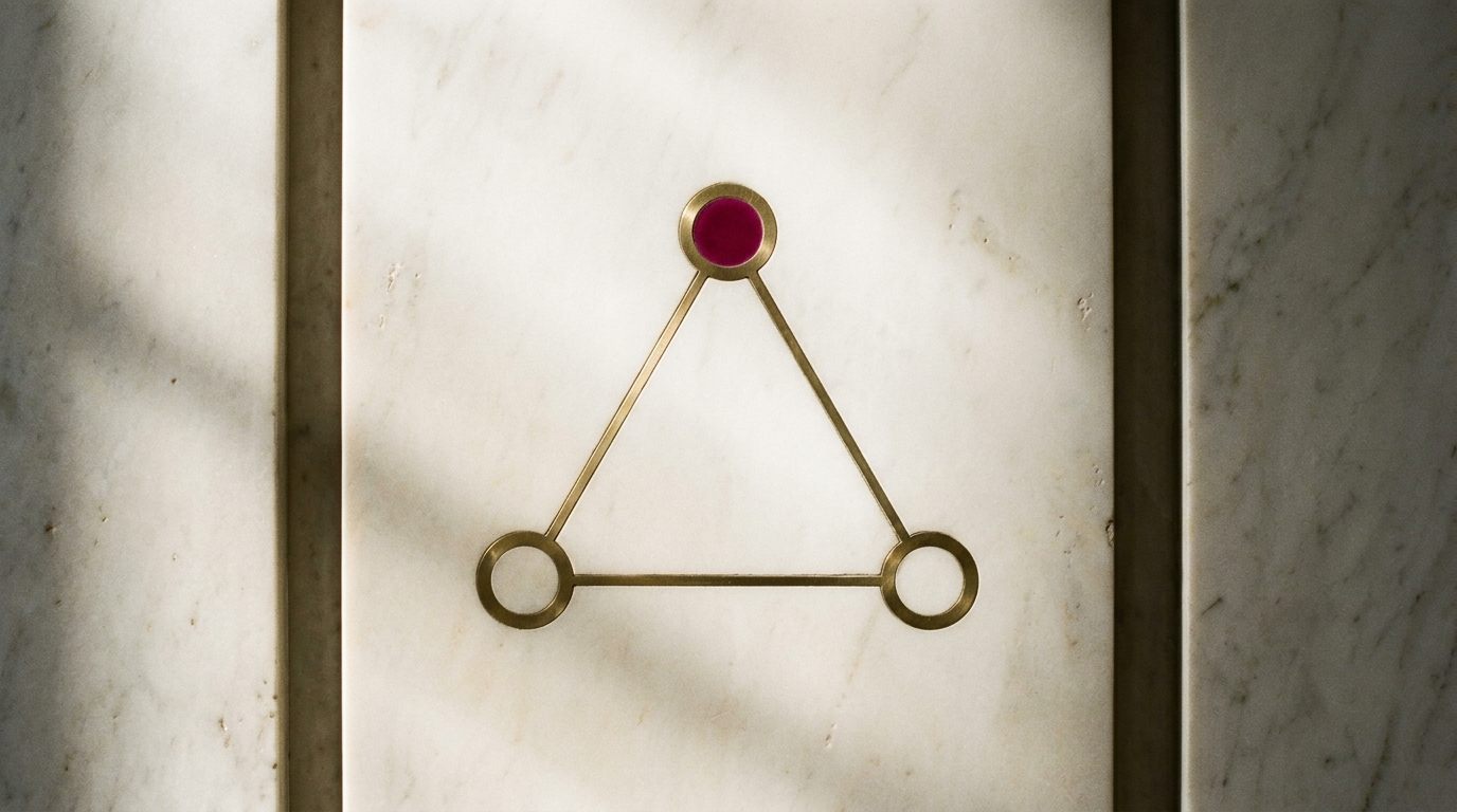 A brass proof diagram inlaid in marble: two open nodes joined by lines meeting at a magenta conclusion node