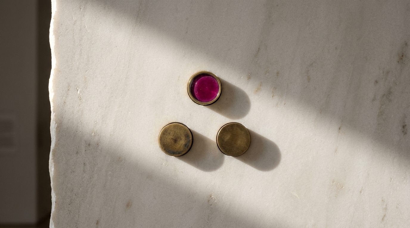 The Ratio mark: a brass 'therefore' symbol of three dots inlaid in pale marble, the conclusion dot in magenta enamel